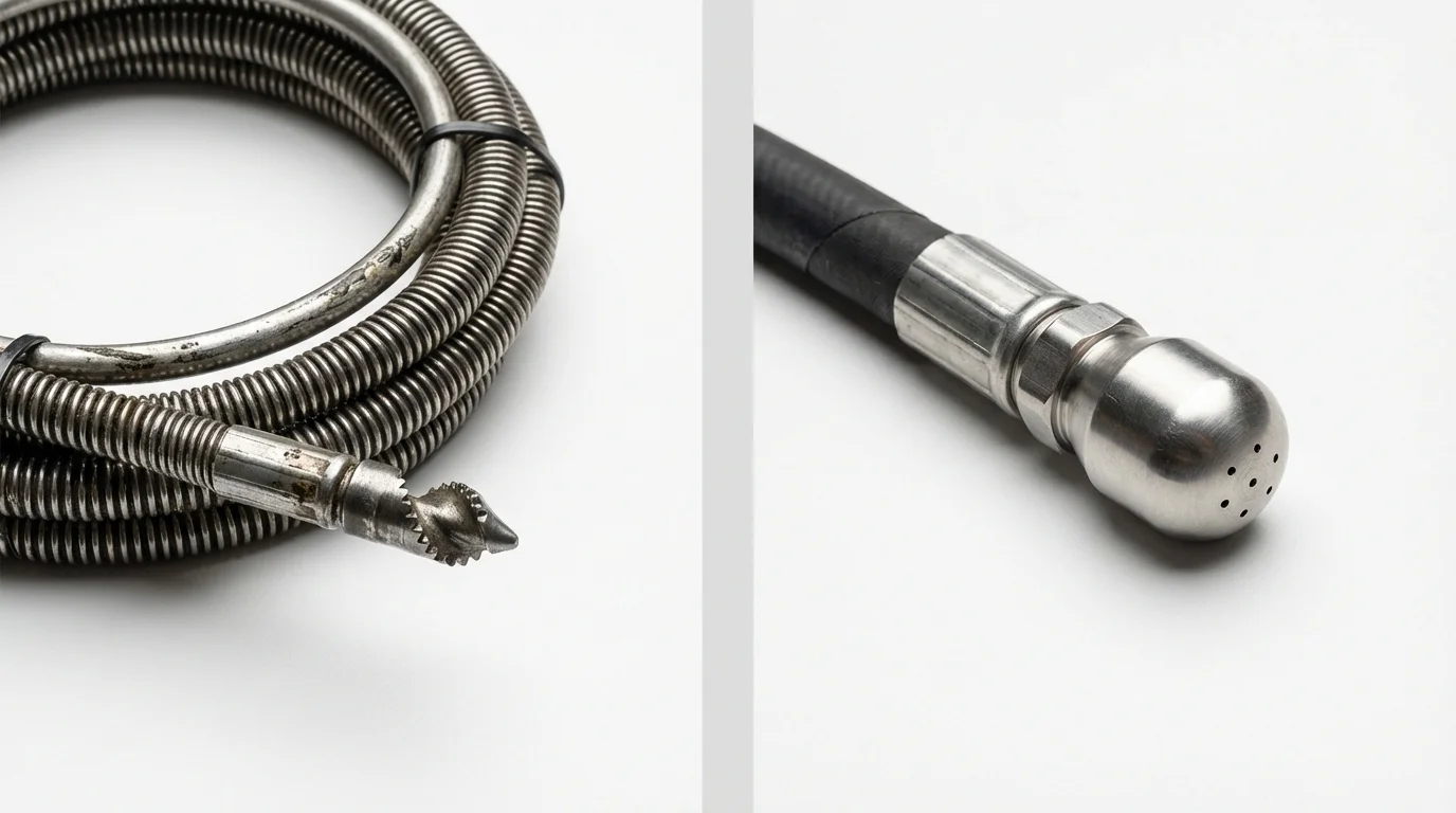Drain snake cable and hydro jetting nozzle used for drain cleaning in Westerville, OH
