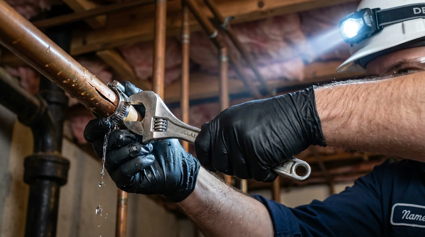Emergency pipe clamp repair being performed by a Johns Plumbing LLC plumber in Westerville