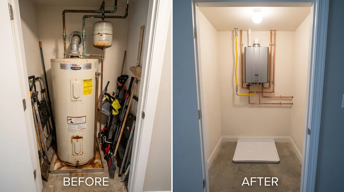 Tank water heater versus wall-mounted tankless unit comparison for Westerville, OH homeowners