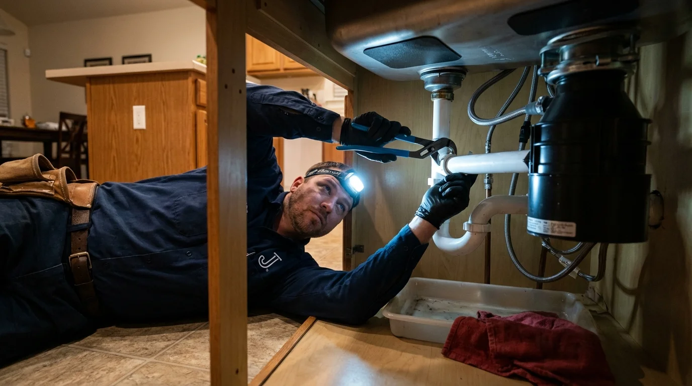 P-trap and supply line connections under a kitchen sink showing a common leak point in Westerville, OH